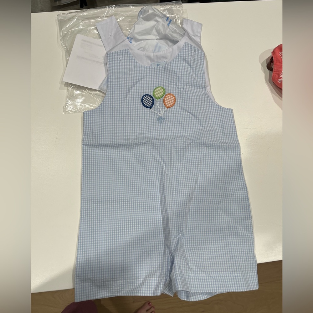 Little English Blue Gingham Jon Jon with Balloon Embroidery